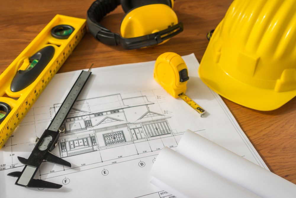 Engineering instruments, safety gear and construction drawings