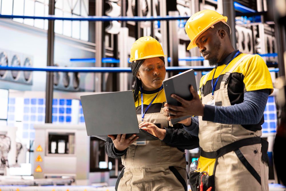 CEVETS technicians reviewing plant data on an industrial site
